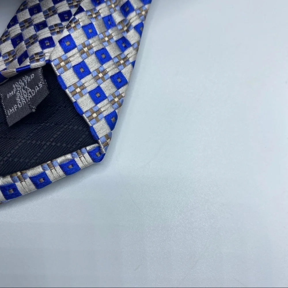 Ike Behar White Blue Gold‎ Square Design Silk Tie